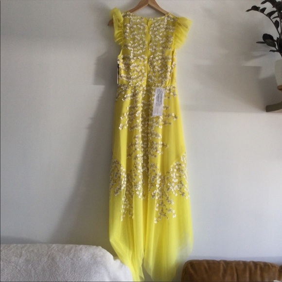 BCBG BCBGMAXAZRIA WOMEN'S EMBROIDERED TULLE RUFFLE DRESS IN AURORA Yellow Gown - Picture 4 of 8